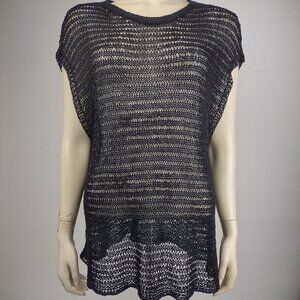 Eileen Fisher black open knit sheer sleeveless linen blend knit top womens Large